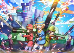 Rule 34 | 6+girls, :d, :o, absurdres, aircraft, airplane, aria (vivid army), battleship, blonde hair, blue dress, blue eyes, blue hair, blue headwear, blue sky, character request, cloud, dress, female focus, gloves, green dress, green headwear, gun, helmet, highres, holding, holding gun, holding weapon, huge filesize, long hair, looking at viewer, military, military vehicle, motor vehicle, multiple girls, open mouth, pink hair, purple hair, red dress, red headwear, rocket launcher, ship, short hair, sky, smile, soldier, tagme, tank, thighhighs, tina (vivid army), vivid army, warship, wata (attaka towel), watercraft, weapon, white gloves, yellow eyes