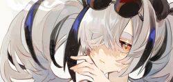Rule 34 | 1girl, aaoshigatoutoi, animal ears, arknights, bad id, bad twitter id, black hair, close-up, commentary request, eyewear on head, feater (arknights), grey hair, hair over one eye, highres, lips, looking at viewer, multicolored hair, panda ears, parted lips, simple background, solo, streaked hair, sunglasses, sweat, twintails, white background, yellow eyes