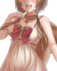 Rule 34 | 1girl, absurdres, acorn, ayunda risu, ayunda risu (1st costume), bow, breasts, brown hair, cleavage, collar, collarbone, dress, head out of frame, highres, hololive, hololive indonesia, large breasts, leaf, low twintails, open mouth, red bow, rynn (darknescorez), smile, solo, spaghetti strap, squirrel girl, squirrel tail, tail, twintails, upper body, virtual youtuber, white dress