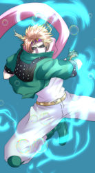 Rule 34 | 1boy, bad id, bad pixiv id, blonde hair, bubble, caesar anthonio zeppeli, facial mark, feather hair ornament, feathers, fingerless gloves, gloves, green eyes, green jacket, hair ornament, headband, highres, hydrokinesis, jacket, jojo no kimyou na bouken, male focus, oururi33, scarf, solo, water