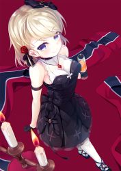 Rule 34 | 1girl, alternate costume, arm garter, azur lane, bare shoulders, black bow, black dress, black footwear, black gloves, black ribbon, blonde hair, blush, bow, breasts, burning, candelabra, candle, candlestand, champagne flute, closed mouth, commentary request, cross, cup, dress, drinking glass, eorx, fire, flower, from above, gem, gloves, hair bow, hair flower, hair ornament, hair ribbon, half gloves, holding, holding cup, hurricane glass, iron cross, jewelry, looking at viewer, looking up, medium breasts, necklace, pleated dress, purple eyes, red flower, red gemstone, red rose, ribbon, rose, short hair, sleeveless, sleeveless dress, smile, solo, standing, white legwear, z23 (azur lane), z23 (the banquet&#039;s honor student) (azur lane)