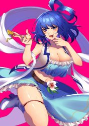 Rule 34 | 1girl, :d, adapted costume, aqua skirt, bare arms, bare shoulders, blue eyes, blue hair, blue skirt, blush, boots, breasts, cleavage, covering own mouth, crop top, doyagao, finger to mouth, fingernails, flower, frilled skirt, frills, furrowed brow, gesugao, hagoromo, hair ornament, hair rings, hair stick, hand over own mouth, high heel boots, high heels, highres, holding, holding hair ornament, kaku seiga, kamenozoki momomo, large breasts, long skirt, looking at viewer, midriff, nail polish, navel, open mouth, red background, shawl, short hair, simple background, skindentation, skirt, smile, smug, solo, thigh strap, thighs, touhou, unworn hair ornament, vest, white vest