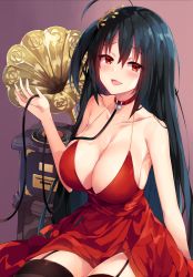 Rule 34 | 1girl, :d, ahoge, arm at side, azur lane, bare arms, bare shoulders, black hair, black thighhighs, blush, breasts, cleavage, cocktail dress, collar, collarbone, commentary request, dress, garter straps, hair between eyes, hair ornament, half-closed eyes, hand up, highres, holding, holding leash, large breasts, leash, long hair, looking at viewer, md5 mismatch, official alternate costume, one side up, open mouth, phonograph, red dress, red eyes, resolution mismatch, simple background, sitting, smile, solo, taihou (azur lane), taihou (forbidden feast) (azur lane), thighhighs, unacchi (nyusankin), very long hair