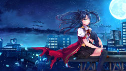 Rule 34 | 1girl, adapted costume, black hair, blue eyes, building, fate/stay night, fate (series), full moon, highres, jewelry, l.bou, moon, necklace, night, night sky, puffy sleeves, revision, sky, solo, thighhighs, tohsaka rin, two side up