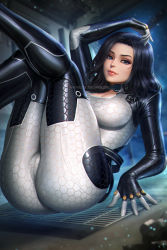 Rule 34 | 1girl, black hair, blue eyes, bodysuit, breasts, cleavage, commentary, large breasts, legs up, lips, long hair, looking at viewer, mass effect (series), mass effect 2, midair, miranda lawson, neoartcore, skin tight, smile, solo, thighs