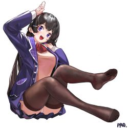Rule 34 | 1girl, black hair, black jacket, black thighhighs, blazer, blue eyes, bow, cardigan vest, copyright request, feet, hair ornament, hairclip, highres, jacket, long hair, nijisanji, open clothes, open jacket, panties, pink bow, prossss, simple background, skirt, solo, thighhighs, tsukino mito, tsukino mito (1st costume), underwear, virtual youtuber, white background, white bow