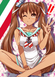 Rule 34 | !, !!, 10s, 1girl, aged up, alternate breast size, bare shoulders, barefoot, breasts, brown eyes, brown hair, collarbone, dark-skinned female, dark skin, dress, heart, indian style, kantai collection, libeccio (kancolle), long hair, makumaxu, neckerchief, one eye closed, patterned background, sailor dress, shirt, sideboob, sitting, sleeveless, sleeveless shirt, smile, solo, striped neckerchief, twintails, white background