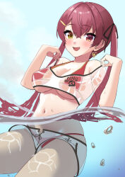 Rule 34 | 1girl, bikini, bikini under clothes, blush, breasts, cleavage, day, dolphin shorts, earrings, fang, hair between eyes, heterochromia, highres, hololive, houshou marine, houshou marine (summer), jewelry, large breasts, long hair, looking at viewer, medium breasts, navel, open mouth, outdoors, partially submerged, red eyes, red hair, shimaketa, shorts, smile, solo, swimsuit, twintails, virtual youtuber, water, wet, yellow eyes