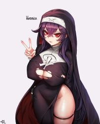 Rule 34 | 1girl, absurdres, breasts, character name, cleavage, crossed bangs, curvy, dalman, dress, habit, headwear request, highres, huge breasts, huge filesize, last origin, long hair, looking at viewer, nun, purple hair, red eyes, side slit, signature, simple background, solo, standing, taut clothes, taut dress, torn clothes, v, veronica type-asc, white background, wide hips