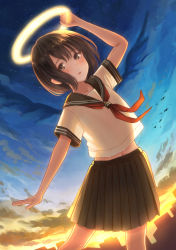 Rule 34 | 1girl, arm up, bad id, bad pixiv id, black skirt, blush, bob cut, breasts, brown eyes, brown hair, cityscape, cloud, cloudy sky, commentary, cowboy shot, dusk, dutch angle, fisheye, halo, highres, holding, holding halo, looking at viewer, midriff, navel, neckerchief, original, outstretched arm, parted lips, pleated skirt, red neckerchief, school uniform, see-through silhouette, serafuku, shirt, short hair, short sleeves, skirt, sky, small breasts, solo, star (sky), starry sky, tanbonota46, white shirt