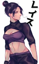 Rule 34 | 1girl, alternate costume, apex legends, black gloves, black pants, breasts, character name, cleavage, gloves, hair behind ear, hair bun, looking to the side, medium breasts, midriff, navel, pants, parted lips, purple eyes, shrug (clothing), single hair bun, sketch, solo, tama (ponz3o1), white background, wraith (apex legends)