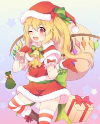 Rule 34 | 1girl, ;d, absurdres, blonde hair, boots, box, brown footwear, capelet, christmas, commentary request, crystal, fang, flandre scarlet, fur-trimmed boots, fur-trimmed capelet, fur-trimmed gloves, fur-trimmed headwear, fur-trimmed shirt, fur-trimmed skirt, fur trim, gift, gift box, gloves, hair between eyes, hat, highres, holding, holding sack, kaoling, long hair, one eye closed, one side up, open mouth, puffy short sleeves, puffy sleeves, red capelet, red eyes, red gloves, red hat, red skirt, sack, santa costume, santa hat, shirt, short sleeves, skirt, smile, solo, star (symbol), starry background, striped clothes, striped thighhighs, thighhighs, thighhighs under boots, touhou, wings