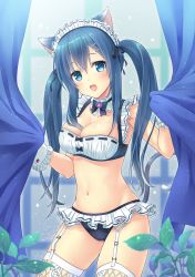 Rule 34 | 1girl, :d, aimori meguru, animal ears, bikini, blue eyes, blue hair, blurry, blush, bow, bowtie, bra, breasts, cat ears, cat tail, cleavage, cowboy shot, curtain grab, curtains, depth of field, detached collar, floral print, frilled panties, frills, garter belt, gem, hair between eyes, hair ornament, hairclip, head tilt, highres, leaf, long hair, looking at viewer, maid, maid bikini, maid headdress, matching hair/eyes, medium breasts, navel, open mouth, original, panties, plant, revision, ribbon-trimmed bra, ribbon trim, rose print, sidelocks, smile, solo, sparkle, stomach, swimsuit, tail, thighhighs, twintails, unconventional maid, underwear, underwear only, white thighhighs, wrist cuffs