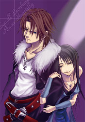 Rule 34 | 1990s (style), 1boy, 1girl, angry, bare shoulders, belt, black eyes, black hair, black jacket, black wolf (artist), blue eyes, brown hair, couple, detached sleeves, final fantasy, final fantasy viii, frown, fur collar, streaked hair, jacket, jewelry, long hair, lowres, multicolored hair, multiple belts, necklace, rinoa heartilly, scar, shirt, short hair, smile, squall leonhart, white shirt