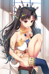 Rule 34 | anklet, armlet, asahina hikage, asymmetrical legwear, asymmetrical sleeves, bare shoulders, barefoot, black hair, black ribbon, black thighhighs, bridal gauntlets, commentary request, crown, detached collar, earrings, elbow gloves, fate/grand order, fate (series), feet, feet on chair, gloves, hair ribbon, heavenly boat maanna, hoop earrings, ishtar (fate), jewelry, long hair, looking at viewer, neck ring, parted bangs, pelvic curtain, red eyes, ribbon, single elbow glove, single thighhigh, solo, thighhighs, toeless legwear, toes, tohsaka rin, two side up, uneven legwear, uneven sleeves