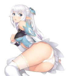 Rule 34 | 1girl, altina (shining blade), arm behind back, ass, bare shoulders, blade arcus from shining, blue eyes, boots, breasts, center opening, clothing cutout, crotch seam, detached sleeves, elf, eyebrows, hair between eyes, hair ornament, half updo, highres, large breasts, long hair, looking at viewer, lying, navel cutout, official art, on side, open mouth, panties, pointy ears, shining (series), shining blade, simple background, sitting, skirt, solo, thigh boots, thighhighs, tony taka, trefoil, turtleneck, two side up, underboob, underwear, white background, white footwear, white hair, white panties, white thighhighs, yokozuwari