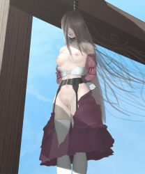Rule 34 | 1girl, absurdres, artist request, asphyxiation, black hair, breasts, censored, female ejaculation, female pubic hair, hanging, highres, long hair, medium breasts, noose, outdoors, peeing, peril, pubic hair, restrained, rope, solo, thighhighs, torn clothes