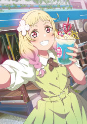 Rule 34 | 1girl, absurdres, al aoi aoba, belt buckle, birthday, blonde hair, blush, braid, buckle, commentary, dress, drink, flower, gradient hair, green dress, grin, hair flower, hair ornament, highres, holding, holding drink, long hair, looking at viewer, love live!, love live! superstar!!, multicolored hair, onitsuka natsumi, pink eyes, pink hair, selfie, short sleeves, smile, solo, twin braids, upper body