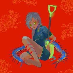 Rule 34 | 1girl, bad feet, barefoot, black shirt, black skirt, bug, centipede, colored sclera, commentary, earrings, artistic error, floral background, full body, gold, grey hair, highres, himemushi momoyo, hoop earrings, jewelry, leg ribbon, long hair, messy, miniskirt, open mouth, ranko no ane, red background, red ribbon, ribbon, shirt, shovel, sitting, skirt, skirt set, teeth, touhou, upper teeth only, v-shaped eyebrows, wrong foot, yellow eyes, yellow sclera