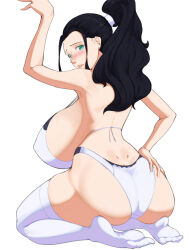 Rule 34 | 1girl, 47 hard, ass, bare shoulders, black hair, blue eyes, blush, bra, breasts, closed mouth, feet, from behind, full body, highres, huge breasts, kneeling, long hair, looking at viewer, looking back, nico robin, one piece, panties, ponytail, simple background, soles, solo, thighhighs, underwear, white background, white bra, white panties, white thighhighs