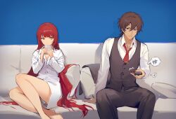 Rule 34 | 1boy, 1girl, anger vein, arashiko falcom, blue background, brown eyes, brown hair, controller, couch, cup, fata morgana no yakata, feet out of frame, foot out of frame, formal, holding, holding cup, jacopo bearzatti, long hair, long sleeves, looking at another, morgana (fata morgana no yakata), necktie, no pants, on couch, red hair, red necktie, remote control, shirt, short hair, sitting, suit, very long hair, waistcoat, white shirt, yellow eyes