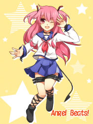 Rule 34 | 10s, 1girl, ;d, angel beats!, ankle lace-up, ayame (norie11), cross-laced footwear, long hair, one eye closed, open mouth, pink hair, red eyes, school uniform, serafuku, smile, solo, tail, twintails, two side up, wink, yui (angel beats!)