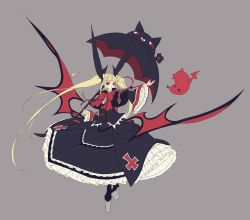 Rule 34 | 1girl, bad id, bad twitter id, black dress, black footwear, blazblue, blonde hair, blush, blush stickers, bow, cat, claws, closed mouth, cross, dress, fingernails, flying, grey background, high heels, highres, hoe-l, holding, holding umbrella, long hair, rachel alucard, red bow, red eyes, sharp fingernails, simple background, solo, standing, tongue, tongue out, twintails, umbrella, vampire, wings