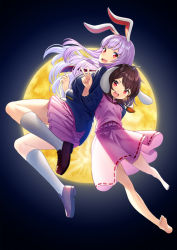 Rule 34 | 2girls, :d, animal ears, barefoot, blazer, blush, brown footwear, buttons, carrot necklace, commentary request, dress, floppy ears, full body, full moon, inaba tewi, jacket, jewelry, kneehighs, loafers, long hair, long sleeves, moon, multiple girls, necklace, necktie, night, open mouth, pendant, pink dress, pink skirt, pleated skirt, purple hair, rabbit ears, red eyes, red neckwear, reisen udongein inaba, ribbon-trimmed dress, shirt, shoes, short hair, skirt, smile, socks, teeth, touhou, unowen, upper teeth only, v, white legwear