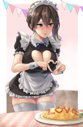 1girl 4-finger_heart_hands alternate_costume apron averting_eyes breasts brown_eyes brown_hair cleavage_cutout clothing_cutout enmaided food food_writing heart heart_hands highres kaga_(kancolle) kantai_collection ketchup kokuzou large_breasts long_hair maid maid_apron maid_headdress omelet omurice open_mouth side_ponytail solo thighhighs thighs white_thighhighs white_wrist_cuffs wrist_cuffs