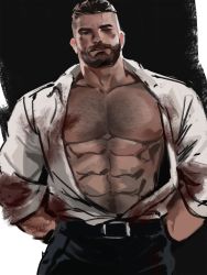 Rule 34 | 1boy, abs, bara, bare pectorals, beard, black eyes, blood, blood on clothes, brown hair, bruise, bruise on face, bruised eye, buzz cut, chest hair, collared shirt, david king (dead by daylight), dead by daylight, denim, dopey (dopq), facial hair, hairy, hand on back, highres, injury, jeans, large pectorals, leather, leather belt, long sleeves, looking at viewer, male focus, manly, mature male, muscular, muscular male, nipples, nosebleed, open mouth, pants, pectorals, shirt, short hair, solo, teeth, thick arms, thick eyebrows, tight clothes, unbuttoned, very short hair