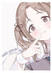 Rule 34 | 1girl, :i, absurdres, birthday, blush, collar, dated, fingers to cheeks, forehead, frilled collar, frills, hair ribbon, happy birthday, head tilt, highres, ichikawa hinana, idolmaster, idolmaster shiny colors, karya, light brown hair, long sleeves, looking at viewer, parted bangs, ribbon, simple background, solo, upper body, white background