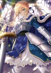 Rule 34 | 1girl, absurdres, ahoge, armor, armored dress, artoria pendragon (all), artoria pendragon (fate), blonde hair, blue cape, blue dress, blue eyes, blurry, braid, braided bun, cape, dress, excalibur (fate/stay night), fate/stay night, fate (series), fur-trimmed cape, fur trim, gauntlets, hair between eyes, hair bun, hand on own hip, highres, indoors, long dress, looking at viewer, puffy sleeves, saber (fate), scan, simple background, solo, standing, sword, weapon, yano mitsuki (nanairo)