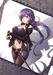 Rule 34 | 1girl, aqua eyes, bad id, bad pixiv id, belt, between fingers, black gloves, black pantyhose, breasts, bridal gauntlets, card, commentary request, crescent, elbow gloves, facial mark, gloves, grin, highres, holding, lace, large breasts, long hair, looking at viewer, love live!, love live! school idol festival, love live! school idol project, microphone stand, midriff, navel, pantyhose, pantyhose under shorts, purple hair, purple scrunchie, scrunchie, shadow, short shorts, shorts, smile, solo, tojo nozomi, twintails, very long hair, vest, yue ying jin feng