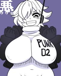 Rule 34 | 1girl, antennae, artist request, bodysuit, breast press, breasts, clenched hands, gloves, greyscale with colored background, hair over one eye, highres, huge breasts, jacket, large breasts, looking at viewer, monochrome, one piece, open clothes, open jacket, short hair, simple background, solo, vegapunk lilith, wide hips