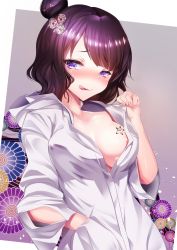 Rule 34 | 1girl, alternate hairstyle, areola slip, bad id, bad pixiv id, blush, breasts, brown background, collarbone, contemporary, covered erect nipples, fate/grand order, fate (series), fingernails, floral background, hair bun, hair ornament, hand in pocket, highres, hood, hood down, hoodie, katsushika hokusai (fate), katsushika hokusai (traveling outfit) (fate), looking at viewer, medium breasts, nail polish, no bra, official alternate costume, open clothes, open mouth, parted lips, pink nails, purple eyes, purple hair, revision, silly (marinkomoe), single hair bun, solo, tongue, tongue out, two-tone background, upper body, white background, white hoodie