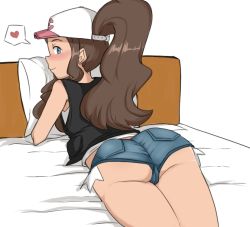 Rule 34 | 1girl, ass, baseball cap, bed, bed sheet, blue eyes, blush, brown hair, creatures (company), denim, denim shorts, game freak, hat, heart, hilda (pokemon), huge ass, looking at viewer, lying, nintendo, on bed, on stomach, pokemon, pokemon bw, ponytail, rider 117, short shorts, shorts, smile, tank top, thought bubble, vest