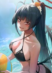 Rule 34 | 1girl, absurdres, ankoku kishi m, antenna hair, ball, beachball, bikini, black bikini, black hair, black wings, blue archive, blush, breasts, cleavage, collarbone, day, halo, highres, holding, holding ball, holding beachball, large breasts, long hair, looking at viewer, ocean, official alternate costume, open mouth, outdoors, ponytail, red eyes, red halo, solo, swimsuit, tsurugi (blue archive), tsurugi (swimsuit) (blue archive), upper body, wings