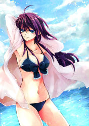 Rule 34 | armpits, arms behind head, bikini, blue eyes, breasts, cleavage, front-tie top, highres, hiyori7, large breasts, long hair, navel, open clothes, open shirt, original, purple hair, robe, shirt, solo, swimsuit, water