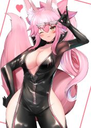 Rule 34 | 1girl, absurdres, animal ear fluff, animal ears, black bodysuit, blush, bodysuit, bow, breasts, center opening, choker, cleavage, fate/grand order, fate (series), fox ears, fox girl, fox tail, glasses, hair between eyes, hair bow, heart, highres, hip vent, koyanskaya (assassin) (first ascension) (fate), koyanskaya (fate), large breasts, long hair, looking at viewer, one eye closed, pink bow, pink hair, ponytail, shibakame, sidelocks, smile, solo, tail, tamamo (fate), thighs, yellow eyes, zipper