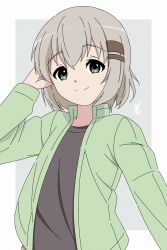 Rule 34 | 1girl, 2022, animebrit, closed mouth, dot nose, female focus, green eyes, grey hair, hair ornament, hairclip, hand in own hair, highres, jacket, medium hair, open clothes, open jacket, simple background, smile, solo, yama no susume, yukimura aoi