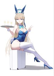Rule 34 | 1girl, alcohol, animal ears, blonde hair, blue archive, blue bow, blue bowtie, blue eyes, blue footwear, blue hair, blue halo, blue leotard, bow, bowtie, breasts, briefcase, champagne, champagne flute, commentary request, crossed legs, cup, detached collar, drinking glass, earpiece, earrings, fake animal ears, hair bow, halo, high heels, highleg, highleg leotard, highres, holding, holding tray, jewelry, leotard, long hair, medium breasts, microphone, multicolored hair, official alternate costume, official alternate hairstyle, rabbit ears, rabbit tail, shumpi, sitting, solo, strapless, strapless leotard, streaked hair, stud earrings, tail, thighhighs, toki (blue archive), toki (bunny) (blue archive), tray, v, white background, white thighhighs, wrist cuffs