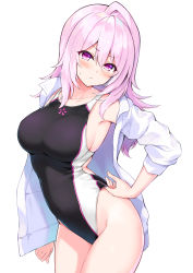 Rule 34 | 1girl, armpits, bare shoulders, black one-piece swimsuit, blush, breasts, closed mouth, collarbone, commentary request, competition swimsuit, cowboy shot, cu-no, frown, groin, hair between eyes, head tilt, highleg, highleg swimsuit, hisen kaede, jacket, large breasts, long hair, long sleeves, looking at viewer, off shoulder, one-piece swimsuit, open clothes, open jacket, pink hair, purple eyes, simple background, solo, standing, sweatdrop, swimsuit, white background, white jacket, yayoi sakura