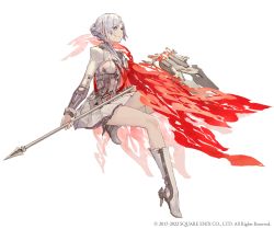 Rule 34 | 1girl, asymmetrical bangs, boots, breasts, dress, fingernails, frilled dress, frills, full body, grey eyes, grey hair, high heel boots, high heels, highres, holding, holding weapon, ji no, long fingernails, looking at viewer, official art, sharp fingernails, shrug (clothing), sideboob, sinoalice, solo, square enix, weapon, white background, white dress