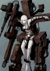 Rule 34 | 1girl, albino, bound, bra, bullet, chain, crucifixion, gun, highres, jittsu, original, pale skin, red eyes, restrained, solo, tied up (nonsexual), underwear, weapon, white hair