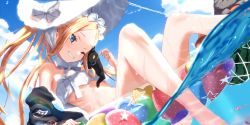 Rule 34 | 1girl, abigail williams (fate), abigail williams (swimsuit foreigner) (fate), abigail williams (swimsuit foreigner) (third ascension) (fate), bare shoulders, bikini, black cat, black jacket, blonde hair, blue eyes, blue sky, blush, bonnet, bow, breasts, cat, fate/grand order, fate (series), forehead, grin, hair bow, highres, innertube, jacket, long hair, looking at viewer, miniskirt, off shoulder, one eye closed, open clothes, open jacket, parted bangs, sidelocks, skirt, sky, small breasts, smile, swim ring, swimsuit, thighs, tsuuhan, twintails, very long hair, white bikini, white bow, white headwear