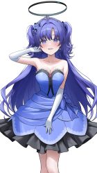 Rule 34 | 1girl, absurdres, blue archive, blue dress, blush, breasts, cleavage, collarbone, dress, elbow gloves, feet out of frame, flower, gloves, hair flower, hair ornament, halo, highres, iro (iro 252 ), large breasts, long hair, mechanical halo, open mouth, purple eyes, purple flower, purple hair, simple background, smile, solo, tiara, two side up, white background, white gloves, yuuka (blue archive)