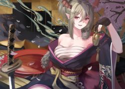 Rule 34 | 1girl, absurdres, alcohol, bare shoulders, chest sarashi, cup, gloves, green hair, hair between eyes, head wings, highres, holding, holding cup, ichien ekaki, japanese clothes, kimono, looking at viewer, medium hair, off shoulder, partially fingerless gloves, petals, planted, planted sword, planted weapon, pointy ears, red eyes, sakazuki, sarashi, shadowverse, sitting, solo, sword, tassel, weapon, wings, yuzuki righteous demon