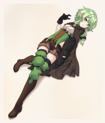 Rule 34 | 10s, 1girl, black thighhighs, boots, full body, goblin slayer!, green eyes, green hair, green thighhighs, grey background, high elf archer (goblin slayer!), highres, pointy ears, short shorts, shorts, simple background, solo, thighhighs