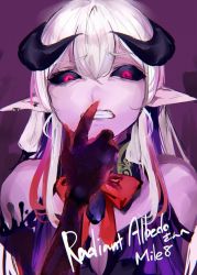 Rule 34 | 1girl, black sclera, bow, bowtie, clenched teeth, colored sclera, colored skin, commission, demon girl, hand up, horns, indie virtual youtuber, long hair, looking at viewer, mile (off8mile), multicolored hair, pink skin, radiant albedo, red bow, red bowtie, red eyes, skeb commission, solo, streaked hair, teeth, virtual youtuber, white hair, wide-eyed
