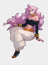 Rule 34 | 1girl, android 21, bare shoulders, blue eyes, choker, colored skin, dragon ball, dragon ball fighterz, earrings, full body, grey background, hoop earrings, jewelry, kemachiku, long hair, looking at viewer, majin android 21, midriff, navel, pink hair, pink skin, simple background, sitting, solo, yellow choker